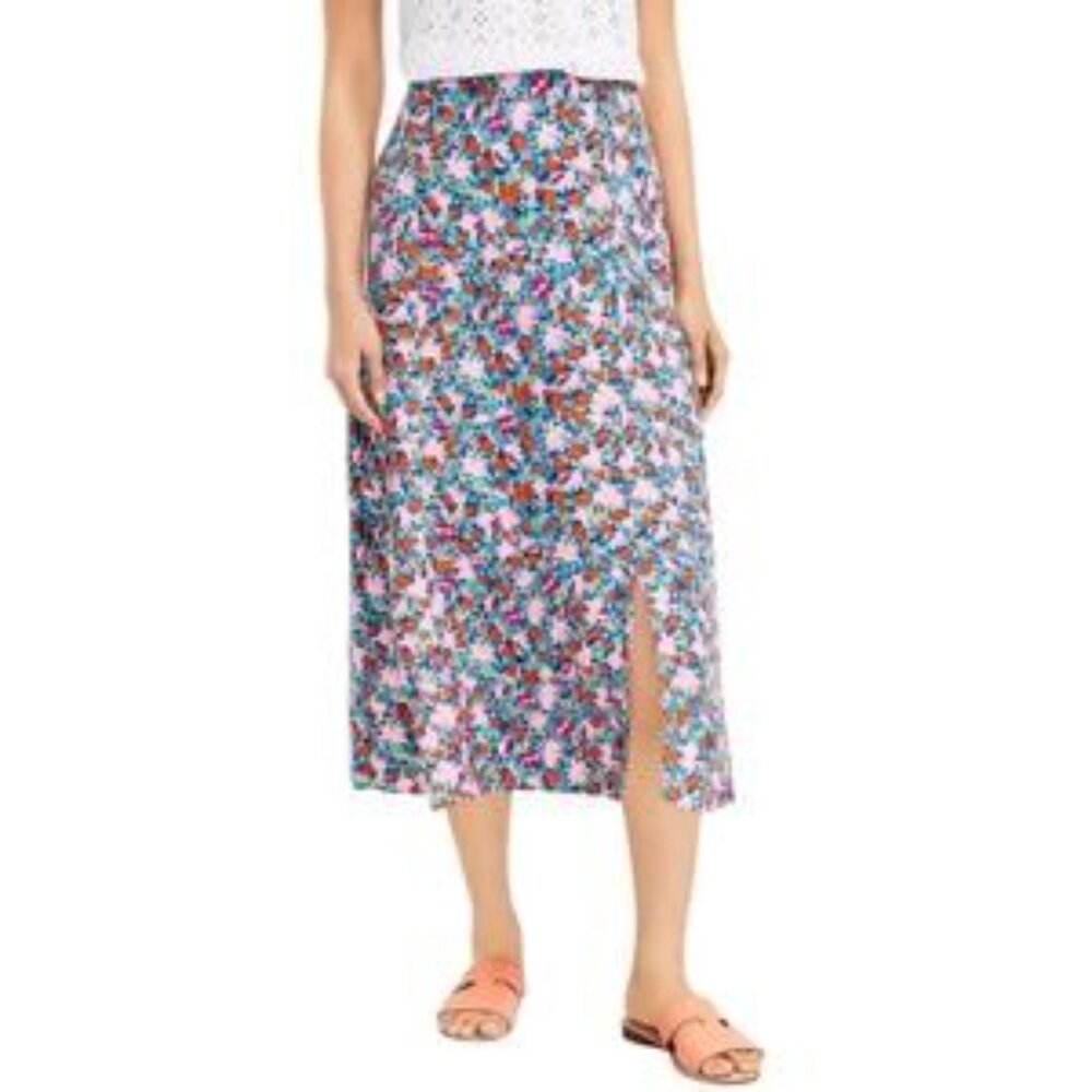LOFT Petites Womens Linen Blend Floral Midi Skirt Size 6P Pink Multi Cottagecore